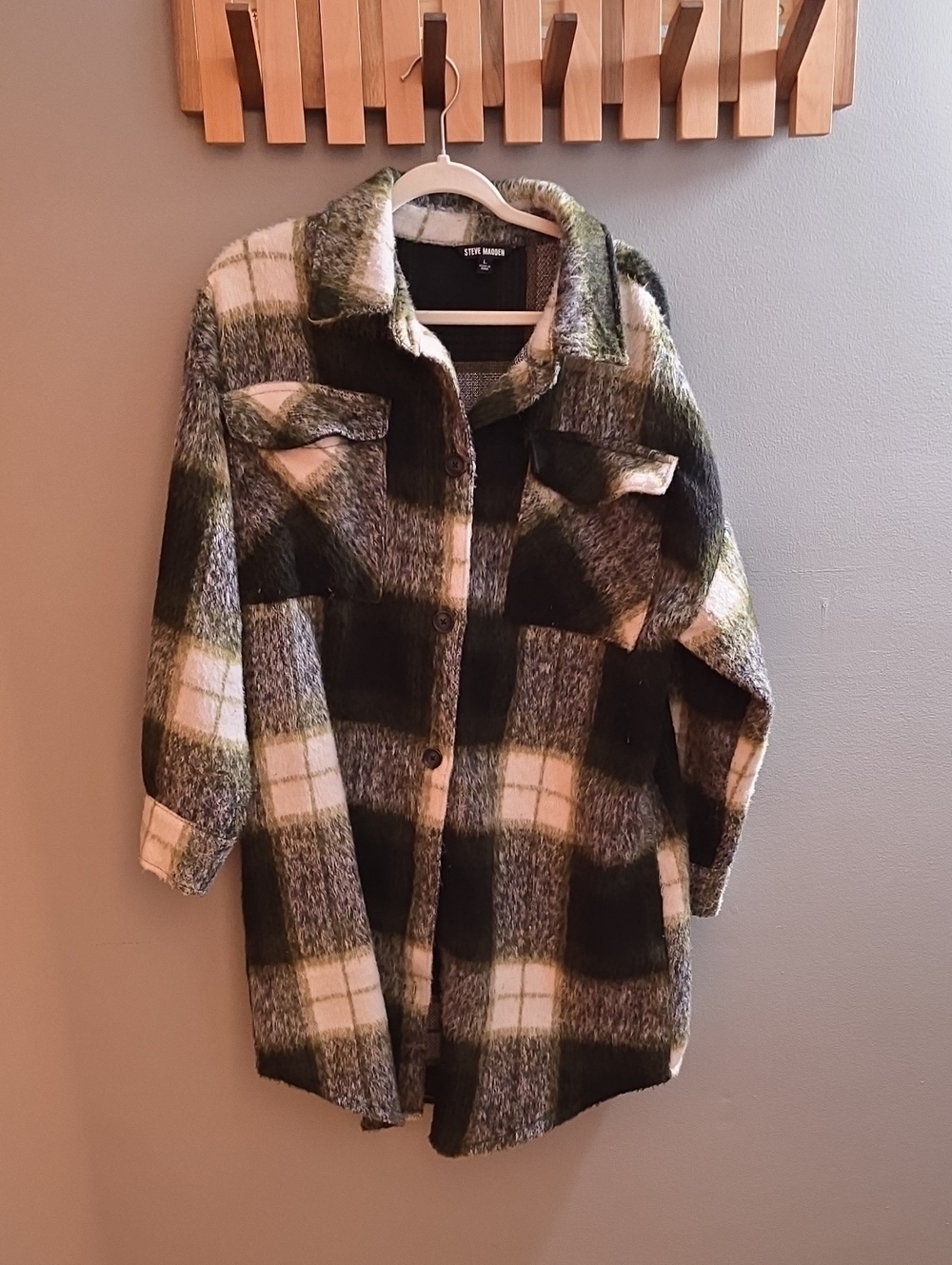 Steve Madden Green & Cream Plaid Teddy Shacket